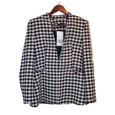 Zara Size Small Black White Houndstooth Tweed Blazer Textured Cotton Blend Women