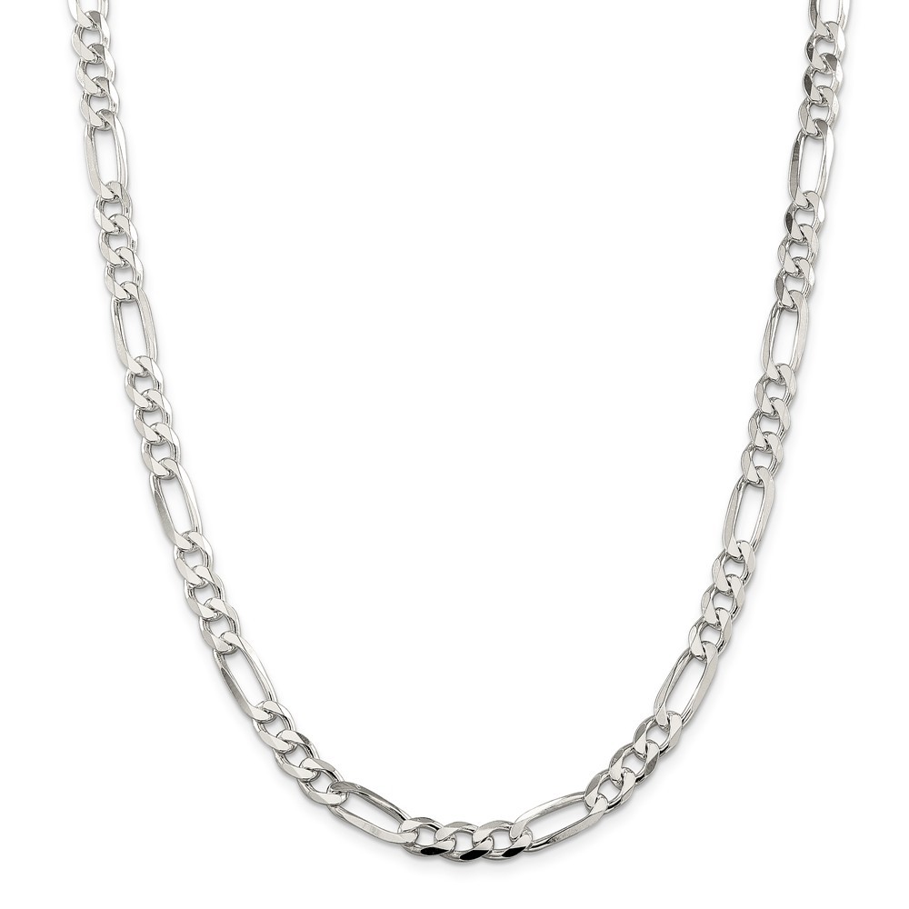 Sterling Silver 7mm Pave Flat Figaro Link Chain w/ Lobster Clasp 16" - 30"