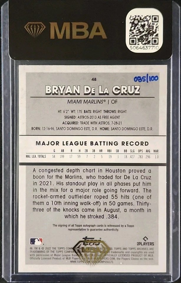 2022 Topps Archives Snapshots Negative Bryan De La Cruz RC AUTO /100 MBA AUTH - Image 2 of 2