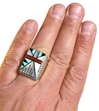 Native American Navajo Jack Ray Sterling Silver Inlay Ring Turquoise Coral 9.75