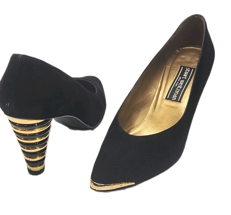 Stuart Weitzman Shoe Gold Black Suede 3" Heel Size 8W Wide Pointed Toe Dressy - Image 3 of 4