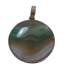 925 Sterling Silver Large Pendant Green Banded Agate Gemstone 27.8g Jewellery