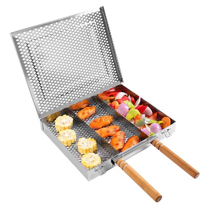 Edelstahl Grillwerkzeug mit abschließbarem Grillkorb für Hähnchen Fisch