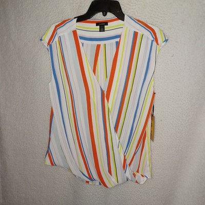 Halogen Wrap Dress Top Chiffon Blouse Women Small Stripes V-Neck Sleeveless (A7)