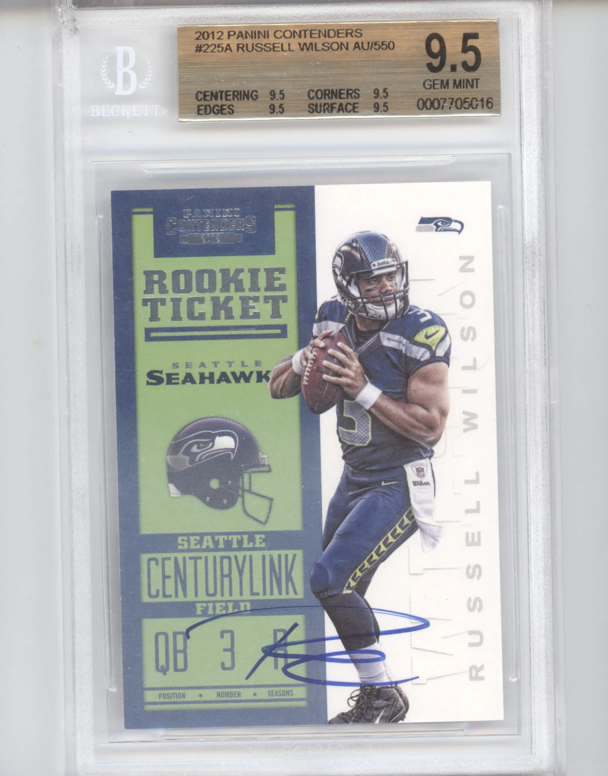 2012 Panini Contenders Russell Wilson #225A Rookie Ticket Auto BGS 9.5 Auto 10