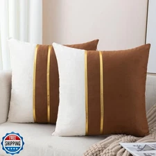 ZLINA Set of 2 Velvet Decorative Throw Pillow Covers Coffee Brown White Patch