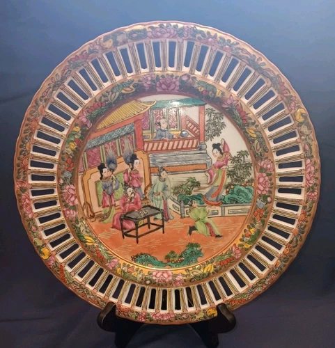 Antique 1800s Chinese Hand Painted Porcelain Bowl Great Scenery 10” W Stamped 