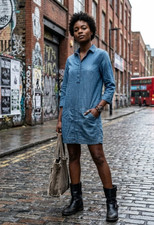 AllSaints 4 Blue Denim Knee Length Pullover Cotton Shirt Dress 3/4 Sleeve EUC!