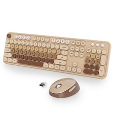 Coffee Brown Keyboard and Mouse Combo Wireless, 2.4G Full Size 104-Key Retro ...