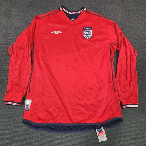 Umbro England Away Soccer Jersey Men Red Long Sleeve 2002 2004 Football Sz Large
