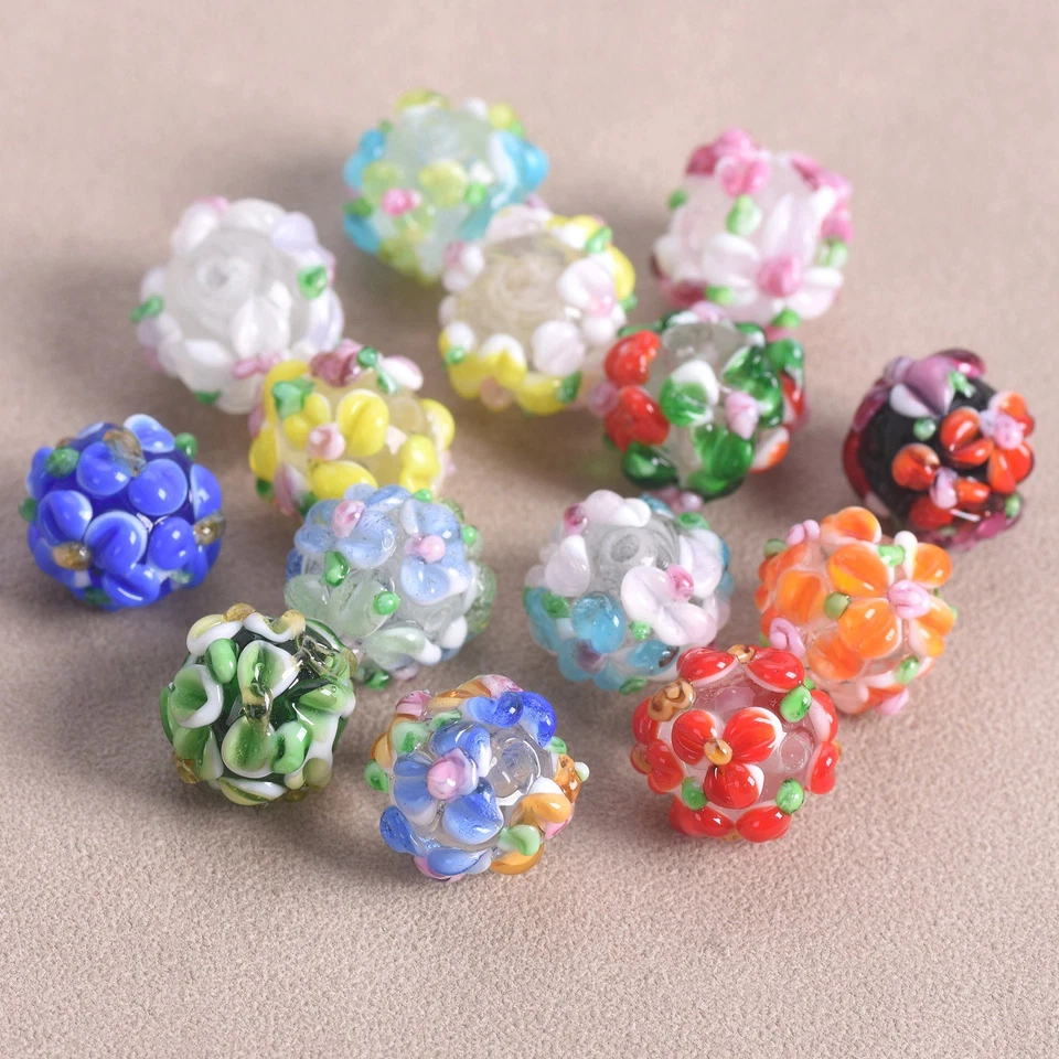 MARKENLOS 5 Stück Rund 12mm Handgefertigt Blume Lampwork Glas Lose Perlen