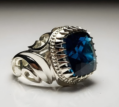 925 Sterling Silber Herren Blautopas Ring, Silber Handarbeit Männer Gravur Ring