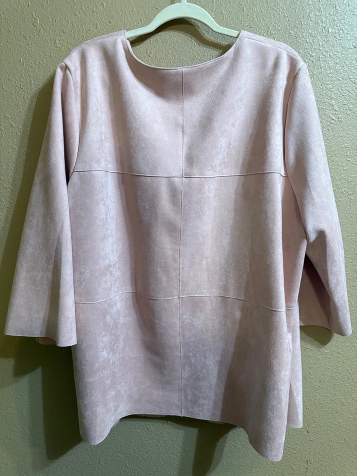 RUBY RD FAUX SUEDE LEATHER OPEN FRONT JACKET SZ 20W BLUSH PINK 3/4 SLVS STRETCH - Image 4 of 4