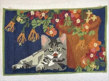 Vintage Handmade Plow & Hearth Cat Flower Rug, NEW, 21”x 32.5”