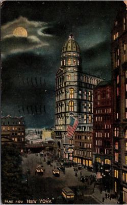 2 postcard lot Park Row Building night view park row New York NY postcards