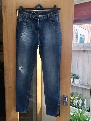 NEXT Ankle Skinny Zip Jeans Distressed Mid Light Blue Denim Size 12 L Long