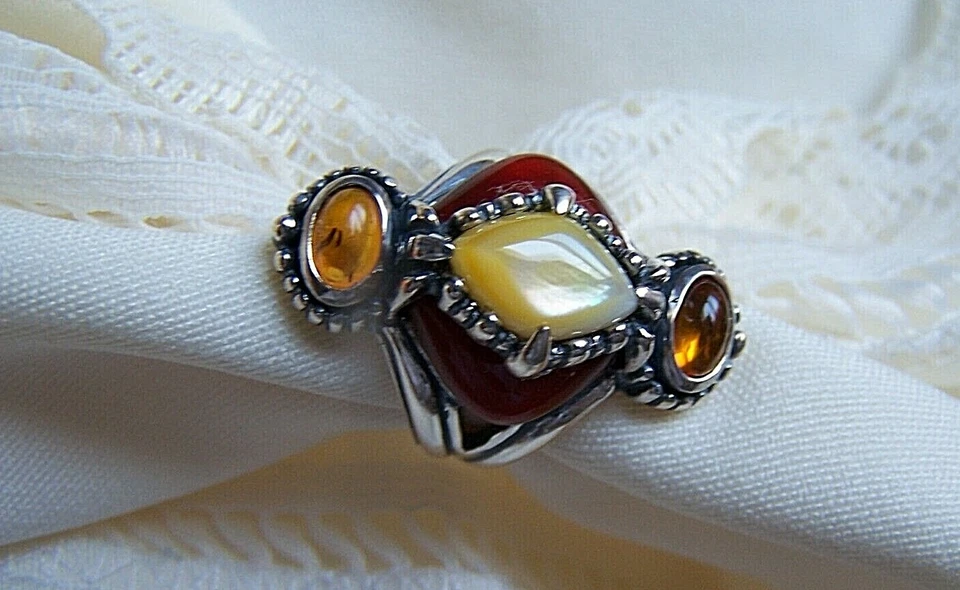 Carolyn Pollack Cornalina Roja, Fregona Amarilla, Ámbar 925 SS Talla 6 ¡Encantadora y NUEVA CON ETIQUETAS!! Foto 4 de 4