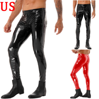 US Mens Shiny Leather Shiny Tight Skinny Motorcycle Biker Pants Long Trouser