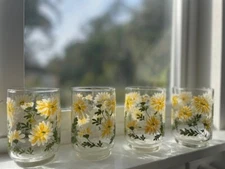 Handpainted daisy set of 4 juice beverage glasses unique cottagecore garden