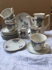 antikes Kinder/Puppen-Kaffeeservice mit lila Blümchen und Goldrand, Porzellan