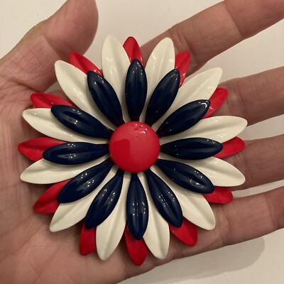 Patriotic Brooch Metal Enamel Red White Blue Daisy Flower Layered 3.25  250th