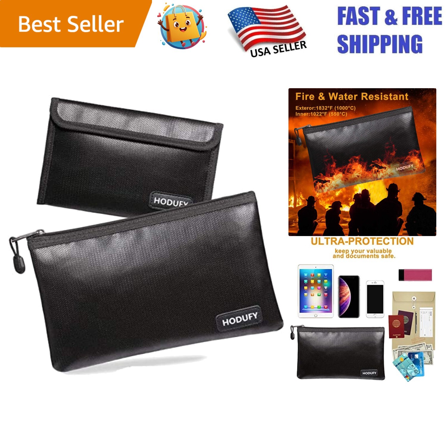 Fireproof and Waterproof Black Money Bag Set - Ultimate Protection for Valuables
