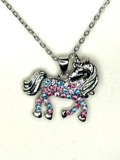 Children  s Girls Whimsical Silver Plated Unicorn With Blue And Pink Rhinestones