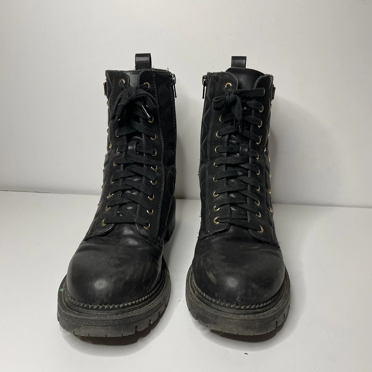 Bebe Women s Black Dorienne B Studded Quilted Lace Up Combat Boots