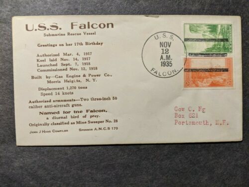 USS FALCON AM-28 Naval Cover 1935 HARRINGTON Cachet IMPERFORATE Stamps - Afbeelding 1 van 2