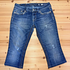Miss Me Jeans Womens 30 Distressed Slim Boot Capri Rhinestone Studded Denim Jean