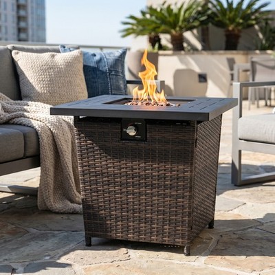 28'' Propane Fire Pit Table 50000 BTU, Square Steel Wicker Base for Patio Deck US
