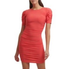Guess Dress NWT Ruched Bodycon Short Sleeve Mini Puff Sleeve Red Women's Large