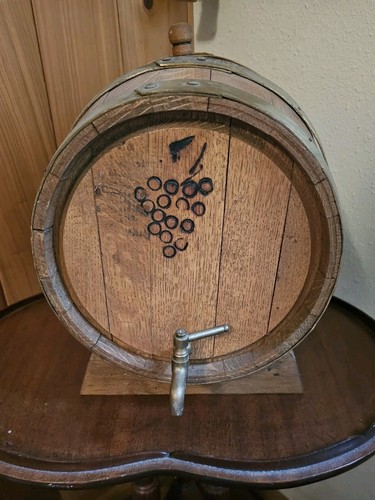 Vintage Unique Oak Wine Whiskey Barrel With brass Spigit and Grape Design.