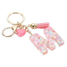 Initial Letter Keychain, Letter m Heart Design Charm with Tassels, Pink