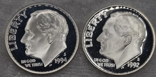 *set Of 2* 90% Silver Proof Dimes 1992 S 1994 S Roosevelt Dimes