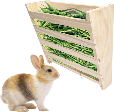 Small Rabbit Hay Feeder with Litter Box Wooden Food Feeding Manger Bunny Hay Dis