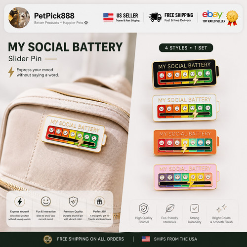 Funny Social Battery Slider Pin – 7-Mood Expression Badge, Cute Interactive Pin 