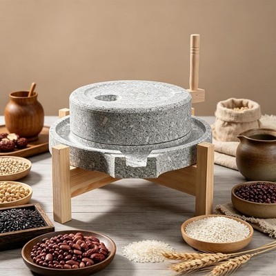 Stone Grain Mill Grinder Natural Granite Manual Flour Disk Mill w/ Wooden Stand