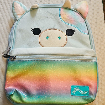 Squishmallows Unicorn Small Backpack Blue Rainbow Glitter Zip, Pockets