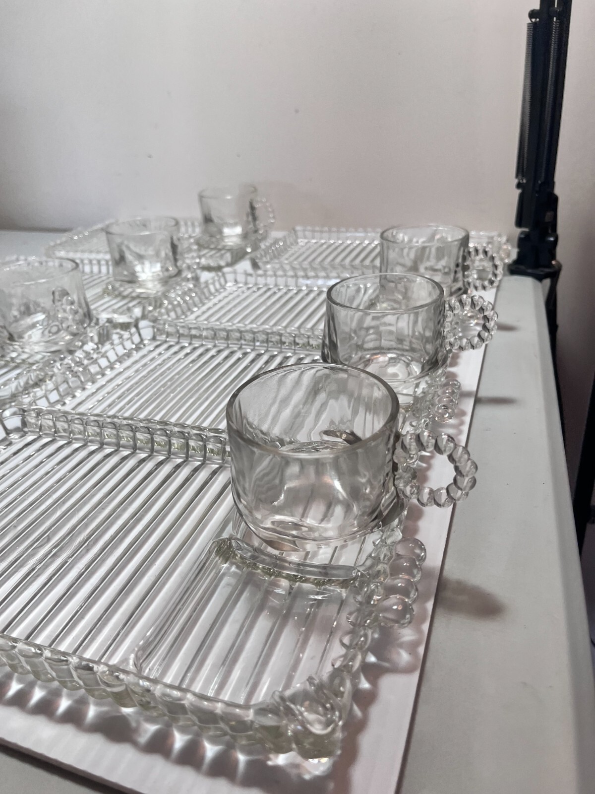 VINTAGE LOT 8 BOOPIE ANCHOR HOCKING CLEAR GLASS SNACK SETS CUPS TRAYS eBay