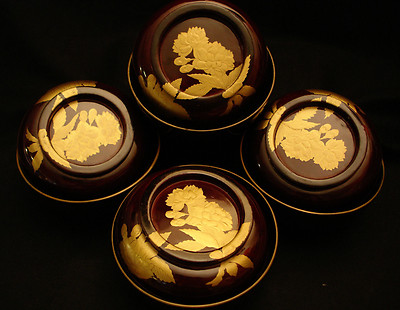 5'' VINTAGE JAPANESE SHOWA PERIOD LACQUERED WOOD COVER BOWL SET OF 4 