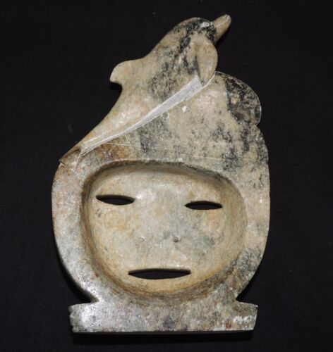 7,5 Zoll alte chinesische alte Jade/Marmor geschnitzte menschliche Krieger Gesicht & Delfin Maske Statue - Bild 2 von 13