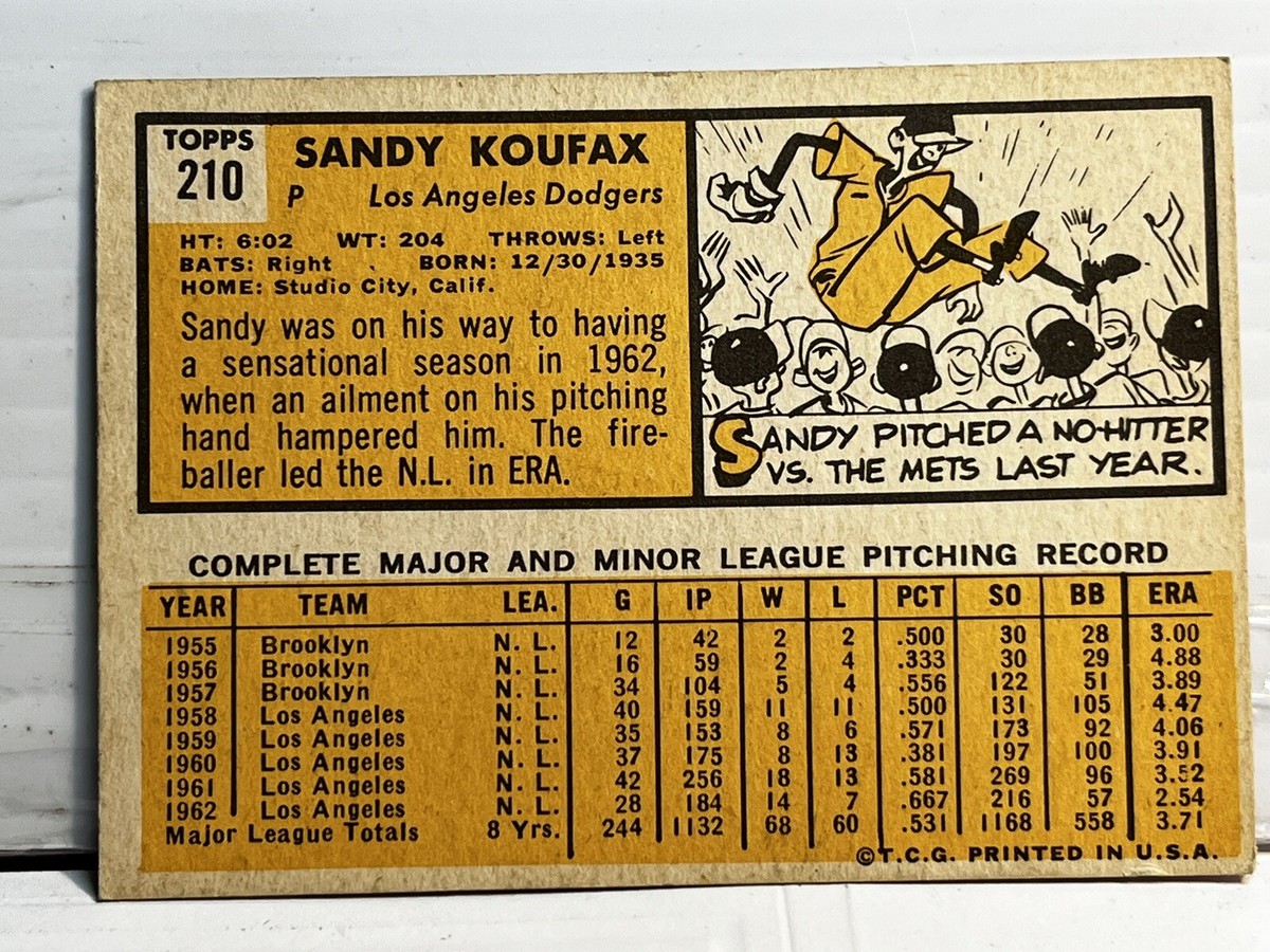 1963 TOPPS #210 Sandy Koufax L.A. Dodgers Pitcher Nice Condition