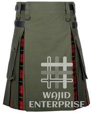 Scottish Hybrid Utility Kilt Olive Green Cotton Wallace Tartan Kilt for Men's