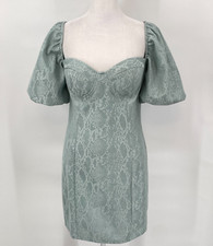 Haute Monde Dress Size M Green Metallic Sweetheart Neck Built-In Bra Puff Sleeve