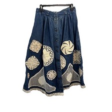 Vintage Denim A Line Pleated Midi/long Skirt Patch Work Appliques Women 8 Retro
