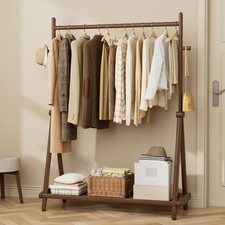 Solid Wood Clothes Rack with Wheels,Freestanding Garment Rack & Coat Tree,Ext...