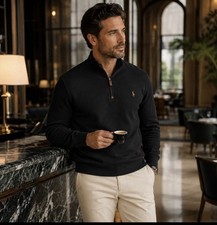 Polo Ralph Lauren Men's Half Zip French Rib Cotton Sweater BLACK Size Large