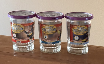 Lot of 3 Welch s Jelly Jar Jimmy Neutron Glasses 1 2 4 with LIDS **VGUC**