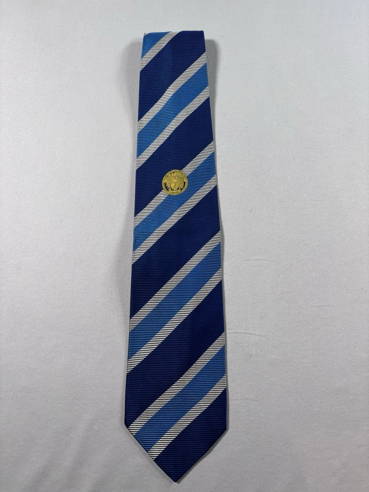 Vintage Gianni Versace Silk Tie Navy Blue Light Blue Silver Stripe Gold Medusa - product detail image 1